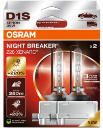 OSRAM Xenarc Night Breaker +220% D1S xenon fényszórólámpa, 4500 K, akár 220% fényerő, 250 méteres fénykéve, PK32d-2, 66140XN2-2HB, 2 darab/csomag (66140XN2)