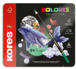 Kores Színes ceruza készlet, háromszögletű, fém doboz, KORES "Kolores Selection", 24 különböző szín (93325)