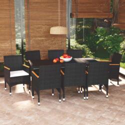 vidaXL Set de masă pentru grădină cu perne, 9 piese, negru, poliratan (3095020)