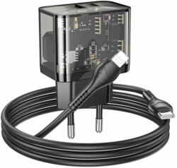 hoco. Incarcator USB, Type-C, QC3.0, 20W + Cablu Type-C la Lightning, 1m - Hoco Dazzling (N34) - Transparent Negru