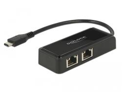 Delock Adapter SuperSpeed USB (USB 3.1 Gen 1) USB Type-C csatlakozódugóval 2 x Gigabit LAN 10/100