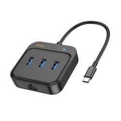 hoco. Adaptor USB-C la 3x USB3.0 + RJ45, 0.2m - Hoco Easy Link (HB35) - Black (KF2321044)