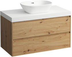 Laufen LANI Moduláris alsószekrény, 100 cm, 2 fiókkal, mosdótartó lap 65 mm vastagsággal, kivágással középen, matt fehér színben, Vad Tölgy H4045611122671 (H4045611122671)