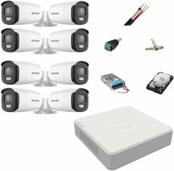 Hikvision Sistem de supraveghere 8 camere exterior Hikvision ColorVu 5MP, lumina alba 40m, DVR 8 canale Hikvision, accesorii, hard disk SafetyGuard Surveillance