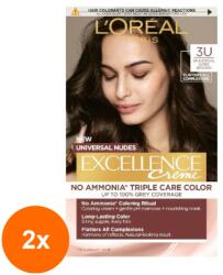 L'Oréal Set 2 x Vopsea de Par Permanenta fara Amoniac L'Oreal Paris Excellence Universal Nudes, 3U Universal Dark Brown, 192 ml