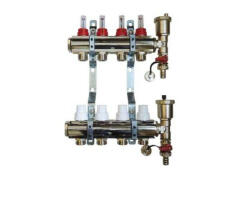 BRH 772 INOX rozsdamentes áramlásmérős osztó-gyűjtő 1"- os test, 3/4" EURO / eurokónuszos csatlakozós, konzollal, végelemmel komplett: automata légtelenítővel + töltő-ürítővel, 8 körös, BRH-772