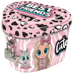 DERFORM Pușculiță pentru fete cu lacăt, model Best Friends, roz