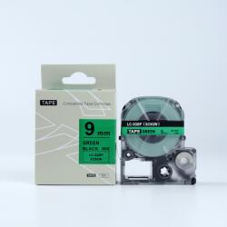 Compatibil Epson HTC9GW, 9mm x 8m, text negru / fundal verde, banda compatibila (HTC9GW)
