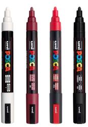 uni Set 4 markere UNI Posca PC-5M: alb, grena, rosu fluorescent si negru, varf 1.8-2.5 mm, inclusiv Mapa Posca transparenta (M44-M637-M1457-M172)