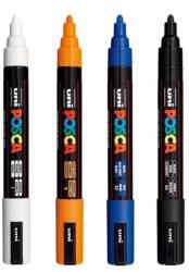uni Set 4 markere UNI Posca PC-5M: alb, portocaliu, albastru si negru, varf 1.8-2.5 mm, inclusiv Mapa Posca cu zipper transparenta (M44-M863-M173-M172)