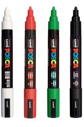 uni Set 4 markere UNI Posca PC-5M: alb, rosu, verde si negru, varf 1.8-2.5 mm, inclusiv Mapa Posca cu zipper, PVC transparenta (M44-M175-M174-M172)