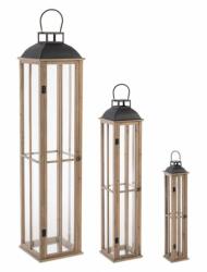 Bizzotto Set 3 felinare lemn metal sticla Shayra 15.5x15.5x77 cm, 22x22x104 cm, 30x30x134 cm (0141499)