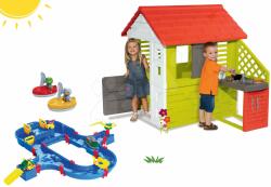 Smoby Set căsuţă Pretty Nature Smoby cu bucătărie, pistă de apă AquaPlay SuperSet cu baraj cu pompă şi 2 vapoare de la 24 luni (SM810713-34) Casuta pentru copii