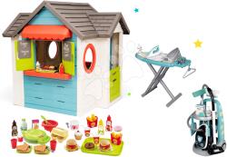 Smoby Set căsuță cu restaurant de grădină Chef House DeLuxe Smoby și cărucior de curățenie cu masă de călcat și aparat de vafe cu hamburgheri (SM810403-4)