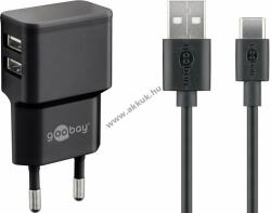 Goobay 12W USB-C duál hálózati töltő 2x USB-A 1, 0m USB-C kábel fekete