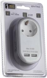 ENTAC Adaptor priză (1x cu împământare, 2x USB -total 2.1A) Entac Alb