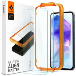 Spigen Samsung Galaxy A55 5G SM-A556B, Kijelzővédő fólia, ütésálló fólia (az íves részre is! ), Tempered Glass (edzett üveg), Full Cover, Spigen Glastr Alignmaster, Clear - 2 db /csomag (AGL07775)