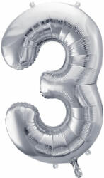 PartyDeco S. r. o 3. szám, ezüst, fólia lufi, 72 cm