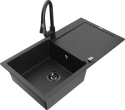 Mexen Leo chiuvetă de granit cu un compartiment, cu picurător și baterie de bucătărie Elia, Neagră/Argintiu metalic - 6501-73-67 (6501-73-670101-70-B)