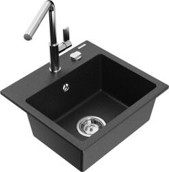 Mexen Milo chiuvetă de bucătărie din granit, cu 1 compartiment, cu baterie Flora, negru/argintiu metalizat (6505-73-670401-00)