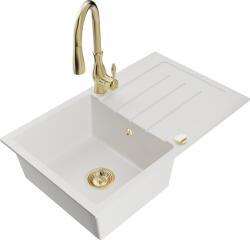 Mexen Bruno chiuvetă de granit cu 1 compartiment, cu scurgător și baterie de bucătărie Savita, alb - 6513-20-672601-50 (6513-20-672601-50)