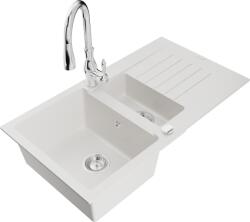 Mexen Matias chiuvetă din granit 1, 5 cuve cu scurgător și baterie de bucătărie Savita, albă - 6502-20-672601-00 (6502-20-672601-00)