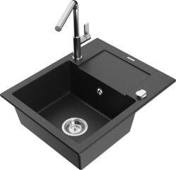 Mexen Enzo chiuvetă de bucătărie din granit cu o cuvă, cu scurgător și baterie Flora, negru/argintiu metalic - 6506-73-670401-00 (6506-73-670401-00)