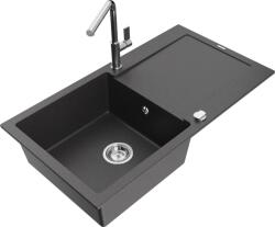 Mexen Leo chiuvetă de bucătărie din granit cu 1 compartiment cu scurgător și baterie Flora, negru picurat (6501-76-670401-00)