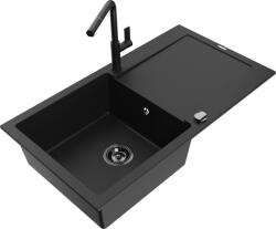 Mexen Leo chiuvetă de bucătărie din granit cu 1 compartiment, cu scurgător și baterie Flora, negru - 6501-77-670401-70-B (6501-77-670401-70-B)