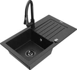 Mexen Pablo chiuvetă din granit cu o singură cuvă și picurător și baterie de bucătărie Elia, negru/auriu metalic - 6510-75-67010 (6510-75-670101-70-B)