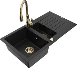 Mexen Matias chiuvetă granit 1, 5 compartimente cu scurgător și baterie de bucătărie Savita, negru - 6502-77-672601-50 (6502-77-672601-50)