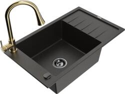 Mexen Elias chiuvetă de granit cu un compartiment, cu picurător și baterie de bucătărie Elia, Neagră/Auriu metalic - 6511-75-670 (6511-75-670101-50-B)