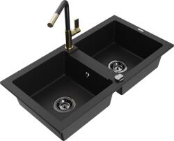 Mexen Mario chiuvetă de granit cu 2 compartimente cu baterie de bucătărie Flora, negru - 6504-77-670401-57-B (6504-77-670401-57-B)