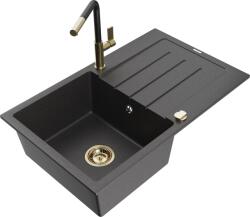 Mexen Bruno chiuvetă din granit, cu o singură cameră, cu scurgător și baterie de bucătărie Flora, negru cu stropi (6513-76-670401-57-G)