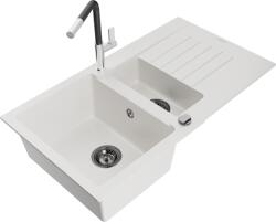 Mexen Matias chiuvetă de granit cu 1, 5 compartimente cu picurător și baterie de bucătărie Flora, alb - 6502-20-670401-07-B (6502-20-670401-07-B)