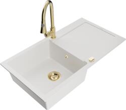 Mexen Leo chiuvetă de bucătărie din granit cu 1 compartiment, cu suport de vase și baterie Elia, alb - 6501-20-670101-50 (6501-20-670101-50)