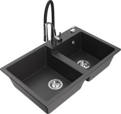 Mexen Tomas chiuvetă de granit cu 2 compartimente și baterie de bucătărie Aster, negru picurat - 6516-76-73450-07 (6516-76-73450-07)