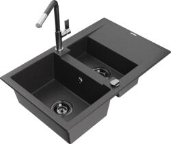 Mexen Gaspar chiuvetă din granit cu 1, 5 cuve și scurgător și baterie de bucătărie Flora, negru cu stropi (6507-76-670401-08-B)