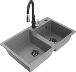 Mexen Tomas chiuvetă de bucătărie 2 compartimente din granit cu baterie de bucătărie Savita, gri - 6516-71-672601-70-B (6516-71-672601-70-B)