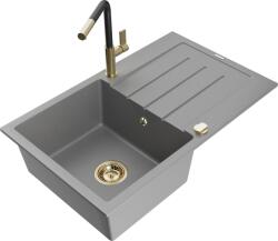 Mexen Bruno chiuvetă de granit cu 1 compartiment cu picurător și baterie de bucătărie Flora, gri - 6513-71-670401-57-G (6513-71-670401-57-G)