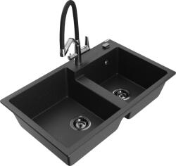 Mexen Tomas chiuvetă de bucătărie din granit cu 2 compartimente și baterie de bucătărie Duo, negru/metalizat argintiu (6516-73-671701-07-B)