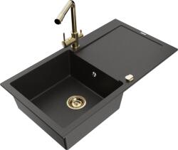 Mexen Leo chiuvetă din granit cu 1 compartiment cu picurător și baterie de bucătărie Duero, negru/auriu metalic - 6501-75-671600 (6501-75-671600-50)