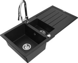 Mexen Andres chiuvetă din granit cu 1, 5 compartimente, cu picurător și baterie de bucătărie Elia, negru - 6515-77-670101-00 (6515-77-670101-00)