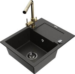 Mexen Enzo chiuvetă de granit 1-cameră cu scurgător și baterie de bucătărie Duero, negru/auriu metalic (6506-75-671600-50-B)