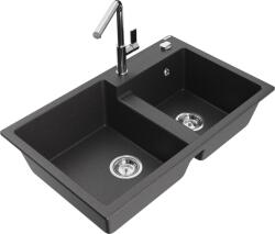 Mexen Tomas chiuvetă de granit cu 2 compartimente cu baterie de bucătărie Flora, neagră pătată - 6516-76-670401-00 (6516-76-670401-00)