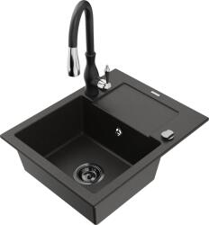 Mexen Enzo chiuvetă de bucătărie din granit cu 1 compartiment cu scurgător și baterie de bucătărie Savita, negru/auriu (6506-75-672601-70-B)