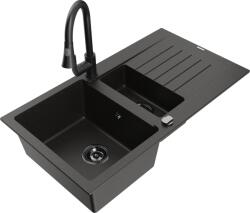 Mexen Matias chiuvetă din granit cu 1, 5 cuve cu scurgător și baterie de bucătărie Elia, negru/auriu metalic (6502-75-670101-70-B)