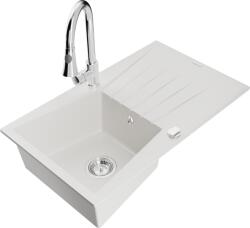 Mexen Cesar Chiuvetă de granit cu 1 compartiment cu picurător și baterie de bucătărie Elia, albă - 6514-20-670101-00 (6514-20-670101-00)