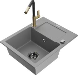 Mexen Enzo chiuvetă de granit cu 1 compartiment, cu scurgător și baterie de bucătărie Flora, gri - 6506-71-670401-57-B (6506-71-670401-57-B)