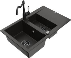 Mexen Gaspar chiuvetă de bucătărie din granit cu 1, 5 compartimente, cu scurgător și baterie de bucătărie Carla negru/auriu metal (6507-75-670700-70-B)
